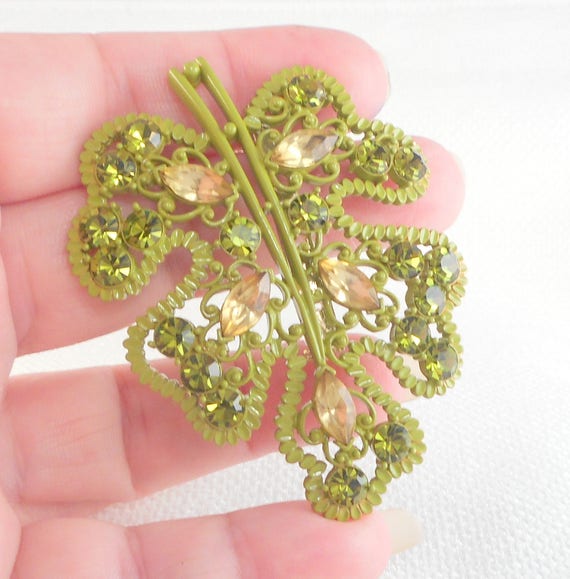 Vintage Enamel Rhinestone Leaf Brooch Pin Enamel … - image 2