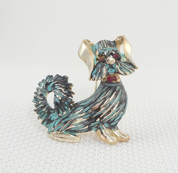 Vintage Unique Enamel Poodle Brooch Enamel & Rhin… - image 1