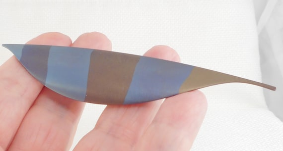 Vintage Modernist Blue & Brown Enamel Leaf Feathe… - image 2