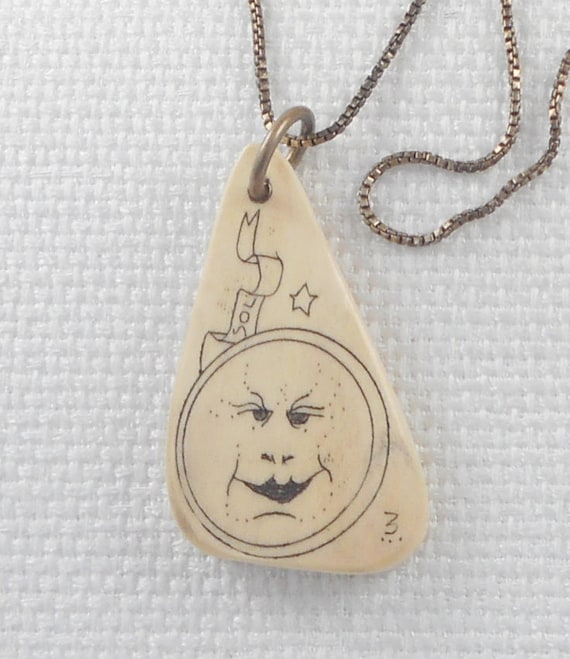 Vintage Whimsical Etched Bone Sol Sun Pendant Nec… - image 1