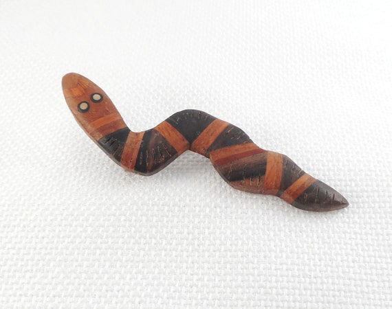 Vintage Layered Wood Snake Pin Brooch Light and D… - image 1