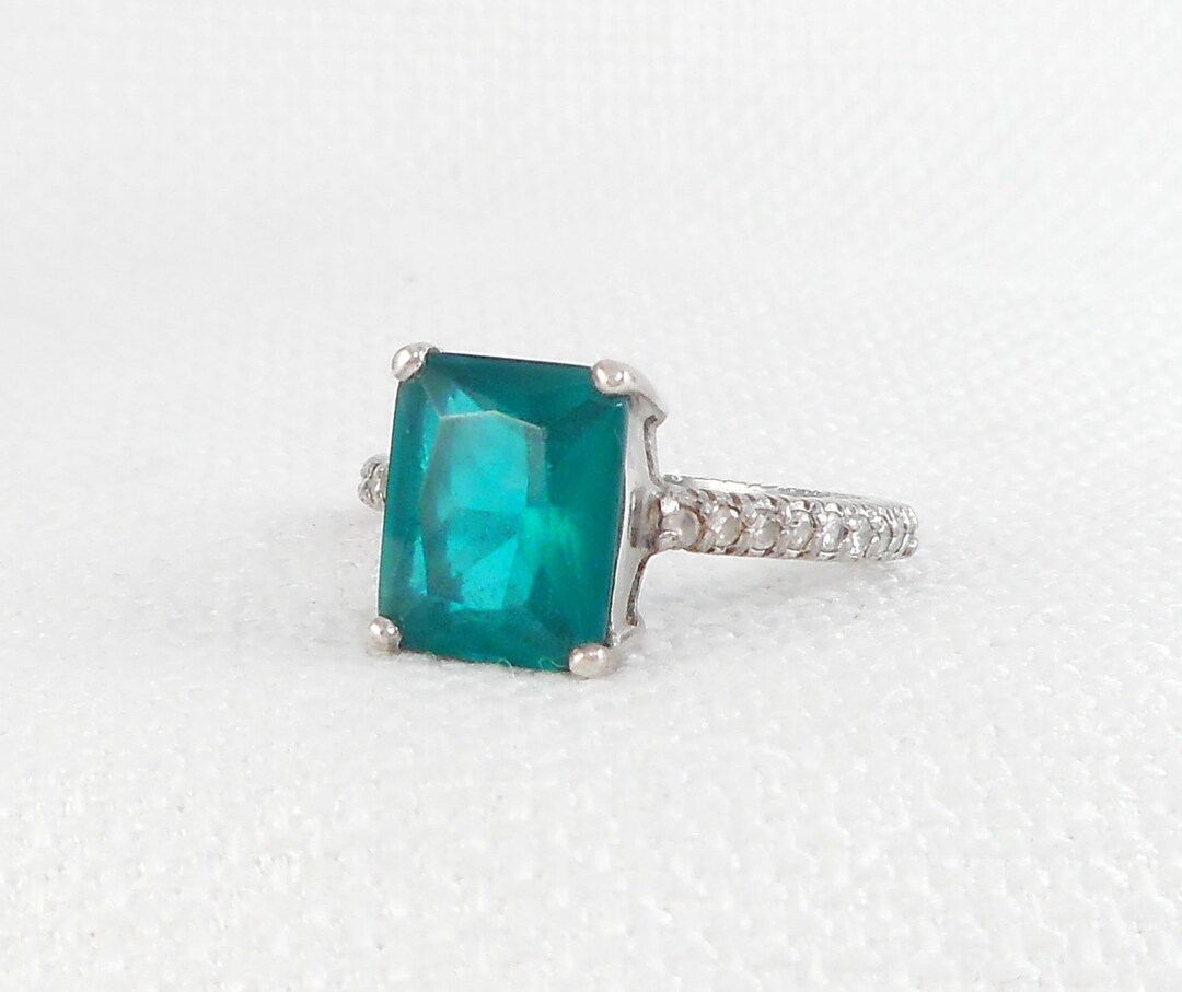 Vintage Sterling Silver Emerald Green Ring Large Size Emerald Glass Ring 925 Green Ring With