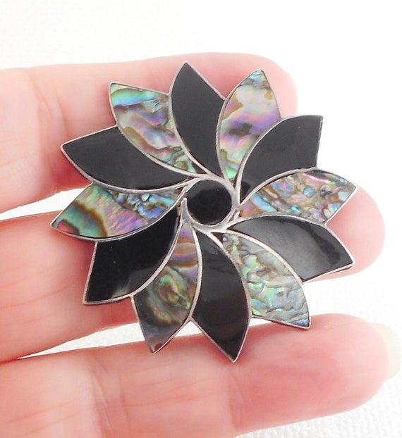 Vintage Taxco Sterling Abalone Pinwheel Flower Br… - image 2