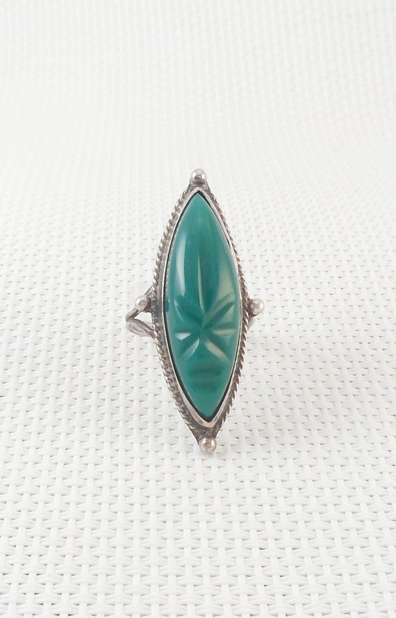 Vintage Sterling Elongated Mexico Green Onyx Aztec