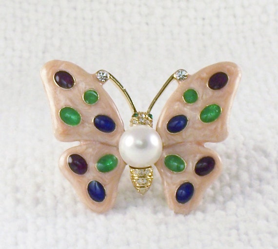 Vintage Shimmery Enamel Butterfly Brooch Blue Gre… - image 5