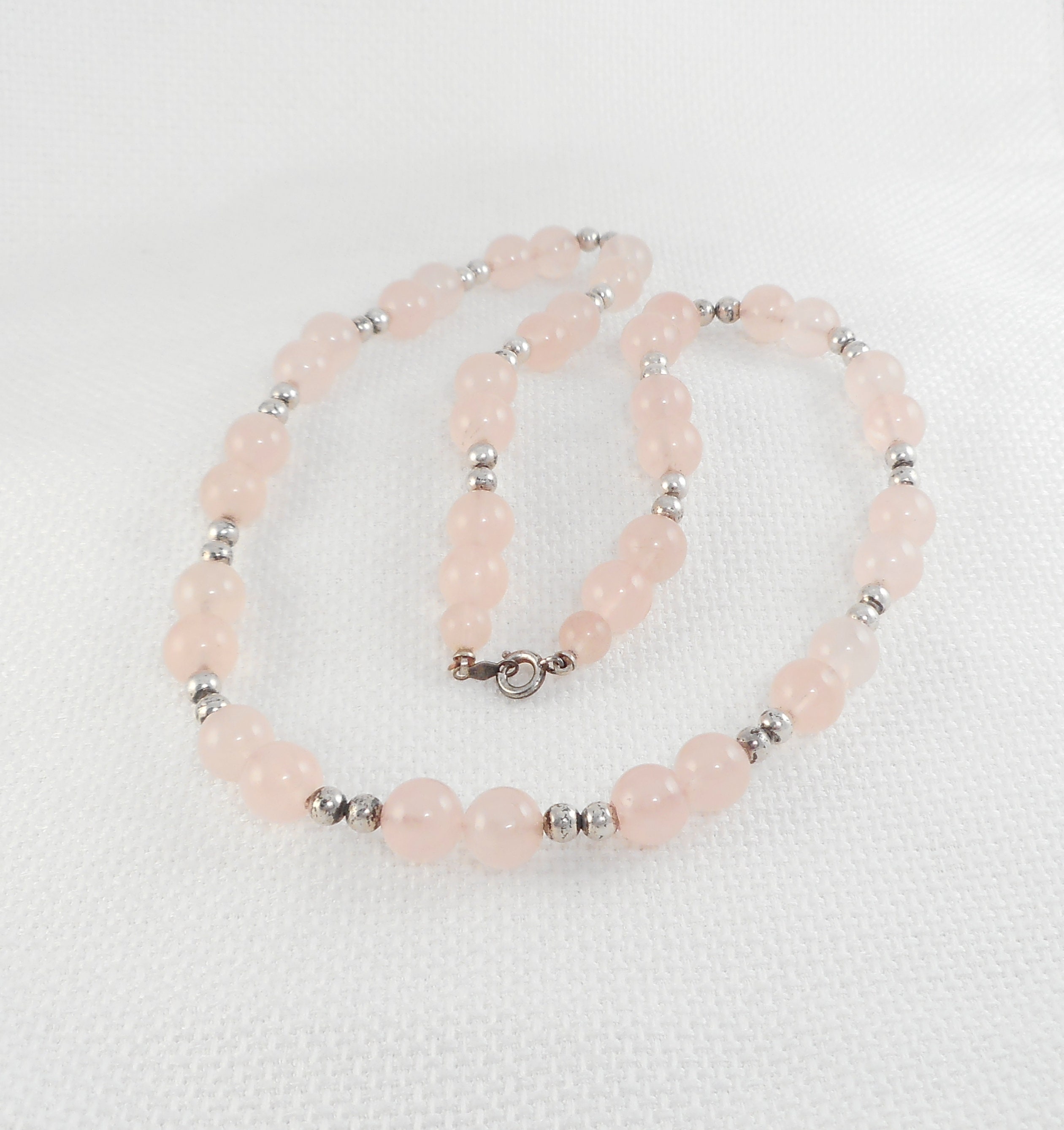 Vintage Rose Quartz & Sterling Beads Necklace Boho 70's