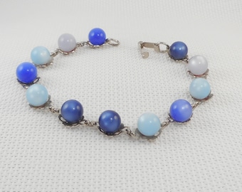 Vintage 1960's Shades of Blue Lucite Moonglow Bracelet Blue Lucite Moonglow Beads Bracelet Gift for Her Big Size Blue Moonglow Link Bracelet