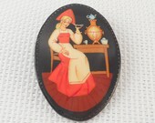 Vintage Hand Painted Russian Lacquer Brooch Woman with Samovar Russian Lacquer Brooch Russian Hand Painted Woman Drinking Tea Brooch