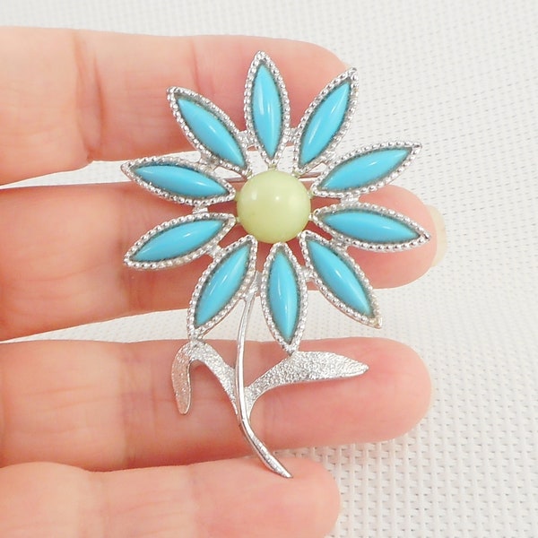 Vintage Mod Blue & Green Flower Brooch 1971 Sarah Coventry "Daisy Time" Flower Brooch Mid Century Flower Pin Big SC Signed RARE Flower Pin