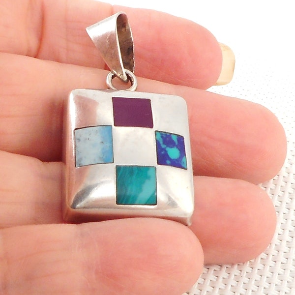 Vintage 1980's Sterling Taxco Inlay Stones Pendant Taxco Sterling Inlay Necklace Pendant 1980's Taxco Mexico Colorful Pendant