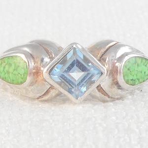 Vintage Modernist Sterling Silver Topaz & Green Turquiose Inlay Ring Real Topaz and Turquoise Ring Signed DC Blue Green Stones Ring for Her image 1