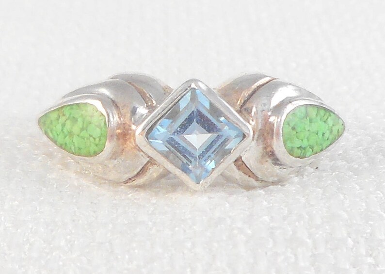 Vintage Modernist Sterling Silver Topaz & Green Turquiose Inlay Ring Real Topaz and Turquoise Ring Signed DC Blue Green Stones Ring for Her image 1