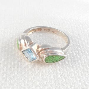 Vintage Modernist Sterling Silver Topaz & Green Turquiose Inlay Ring Real Topaz and Turquoise Ring Signed DC Blue Green Stones Ring for Her image 2