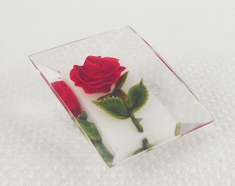 Vintage Reverse Carved Lucite Rose Brooch 1960's Lucite Rose Brooch Red Long Stem Rose Lucite Pin Gift for Her Carved Lucite Jewelry