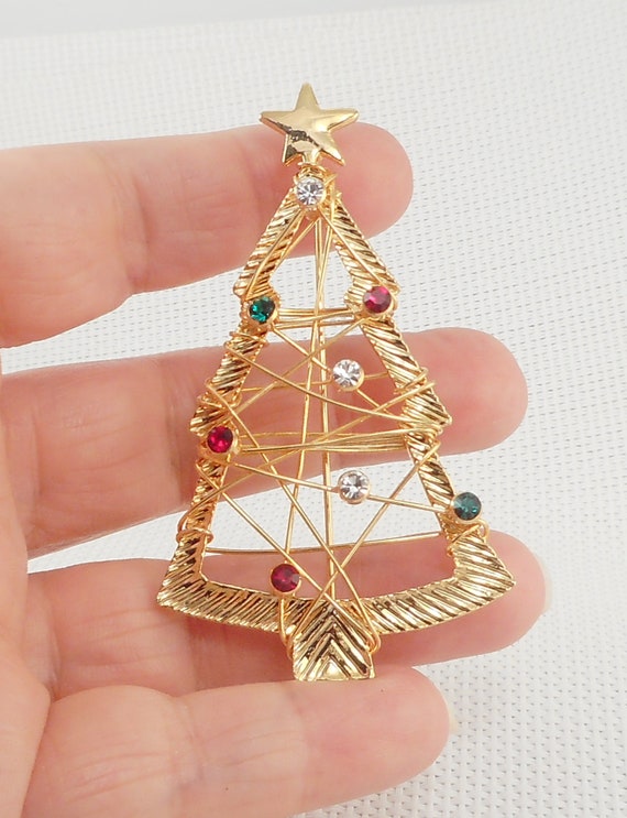 Vintage Open Wire Rhinestone Christmas Tree Pin G… - image 7