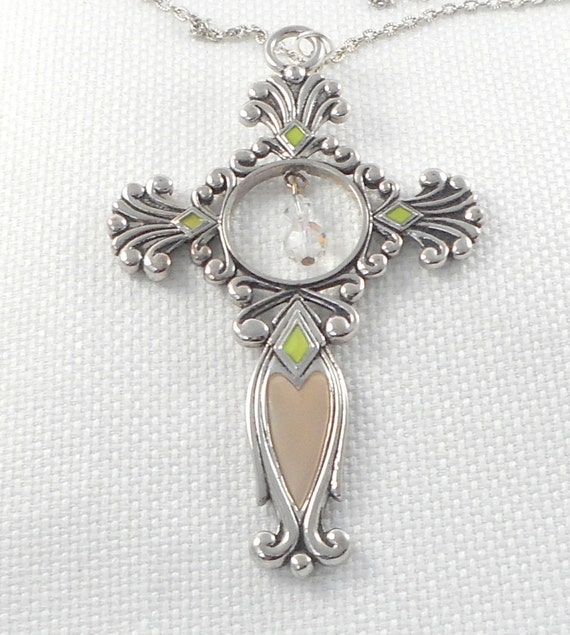 Vintage BIG Silver Enamel Cross Necklace Boho Big 
