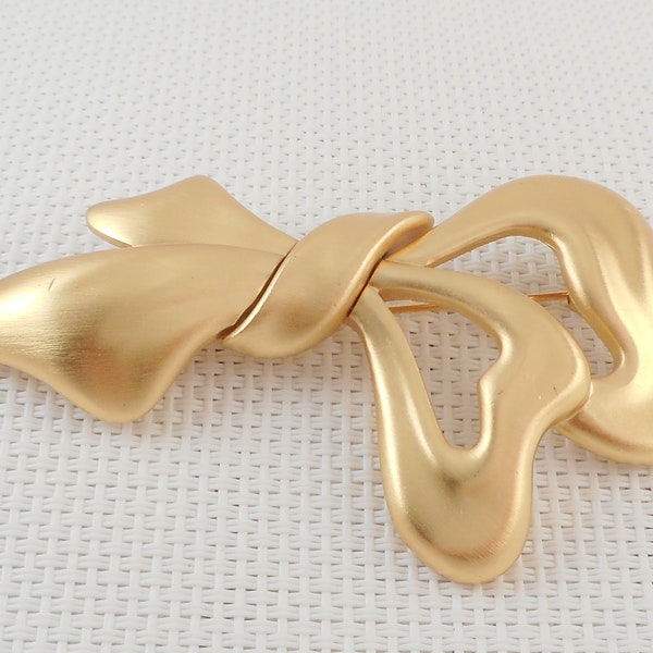 Vintage 70's Monet Satin Gold Tone Bow Brooch Monet Abstract Ribbon Brooch Rare Monet Statement Brooch Gift for Her Vintage Monet Jewelry