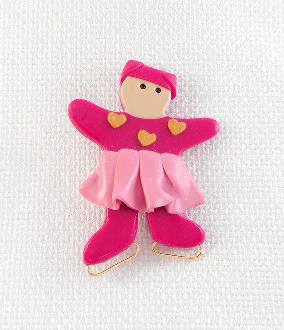 Handmade Polymer Clay Ice Skater Pin Pink Fimo Cl… - image 1