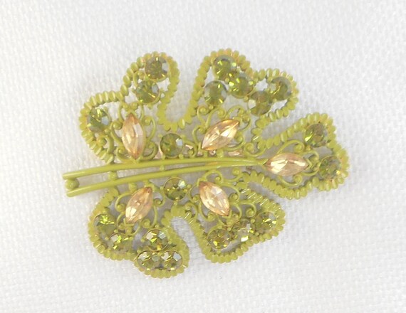 Vintage Enamel Rhinestone Leaf Brooch Pin Enamel … - image 4