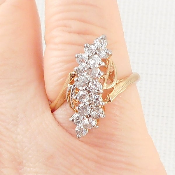 Vintage Unique 18K HGE Crystal Spray Ring Slanted Stones Spray Ring WOW 18K Heavy Gold Electroplated Costume Ring Gift for Her WOW Ring