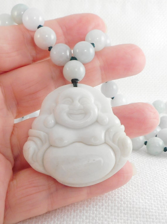 Vintage Jade Laughing Buddah Beads Necklace Feng … - image 8