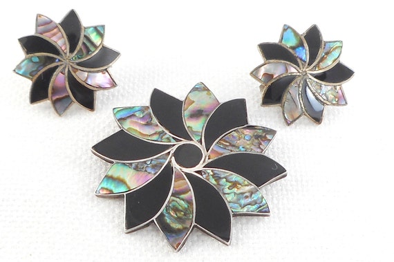 Vintage Taxco Sterling Abalone Pinwheel Flower Br… - image 3