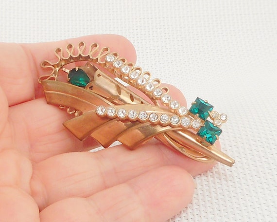 Vintage 1940's Brass & Rhinestone Brooch or Penda… - image 1