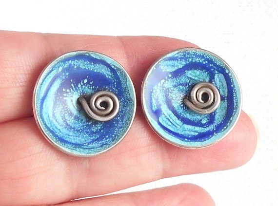 Vintage Modernist Sterling Blue Enamel Swirl Earr… - image 2