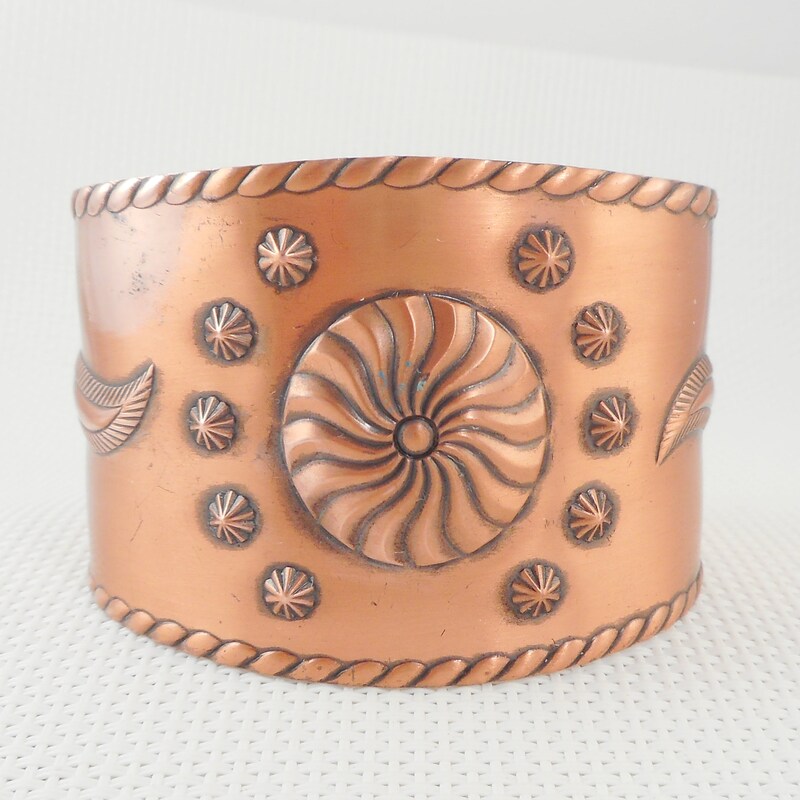 Vintage Copper Southwestern Cuff  Bracelet, Repousse Stamped