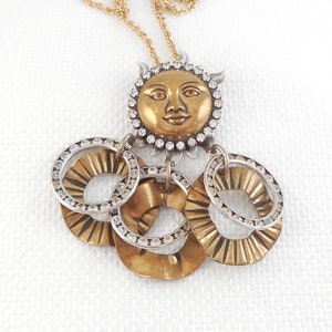 Vintage Boho Brass and Silver Sun Dangle Necklace Celestial Boho Drop Charms Necklace Smiling Sun Brass and Silver Necklace Gift for Her