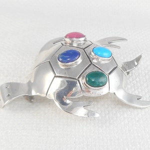 Vintage Modernist Taxco Sea Turtle Pin with Stones Sea Turtle Tortoise Turtle Taxco Brooch 80&#39;s Taxco Turtle Pin Gift for Turtle Lover