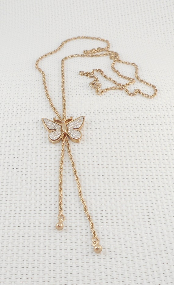 Vintage 1970's Lariat Style Butterfly Necklace Da… - image 1
