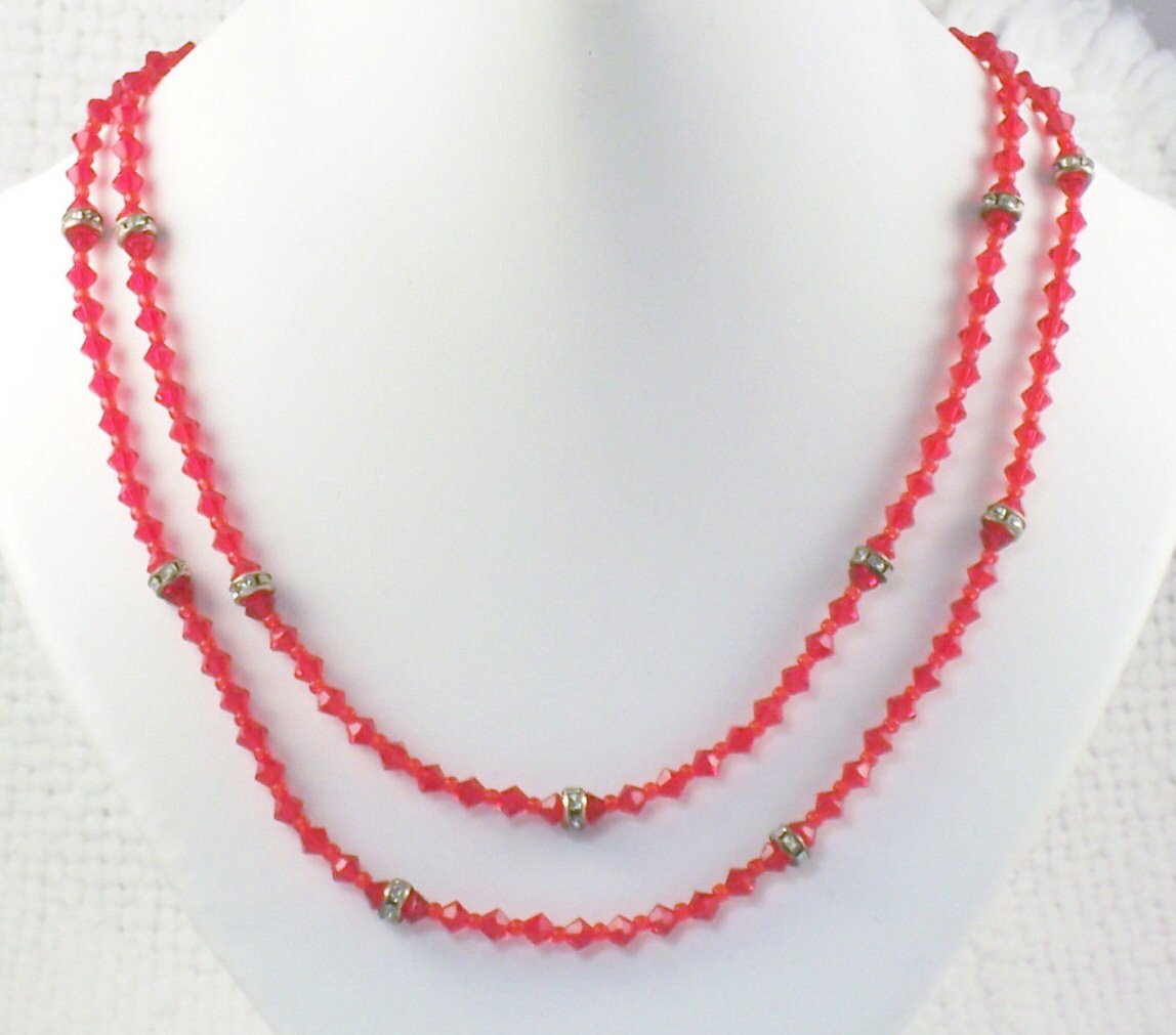 Vintage Art Deco Czech Red Glass Bead Two Strand Necklace  display picture 3