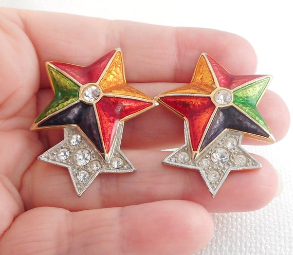 Vintage 1960's Guilloche Enamel Stars Clip Earrin… - image 4