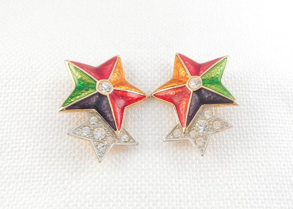 Vintage 1960's Guilloche Enamel Stars Clip Earrin… - image 1