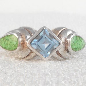 Vintage Modernist Sterling Silver Topaz & Green Turquiose Inlay Ring Real Topaz and Turquoise Ring Signed DC Blue Green Stones Ring for Her image 4