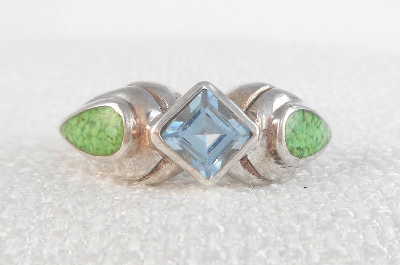 Vintage Modernist Sterling Silver Topaz & Green Turquiose Inlay Ring Real Topaz and Turquoise Ring Signed DC Blue Green Stones Ring for Her image 4