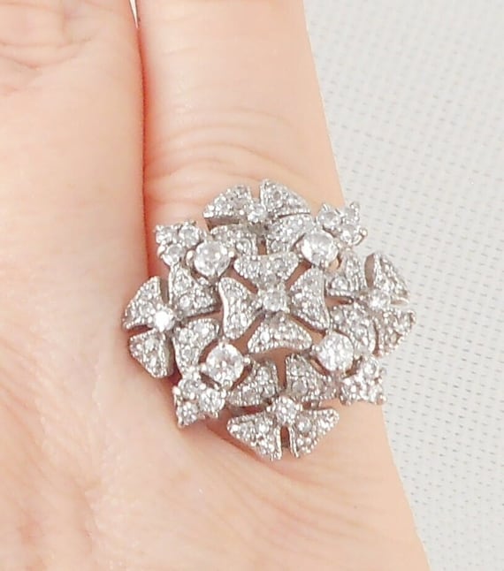 Vintage Sterling Silver Crystal Flowers Ring 925 L