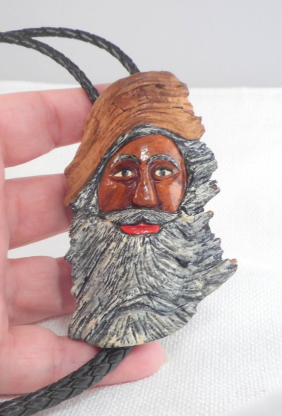 Vintage Hand Carved Wood Bearded Man Leather Bolo… - image 3