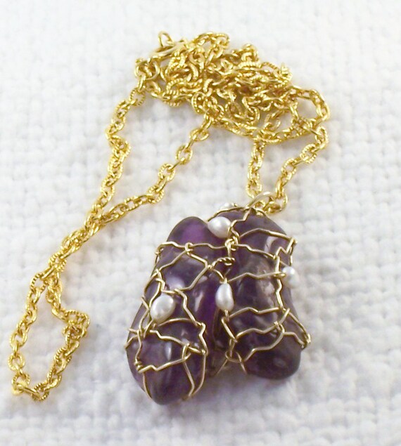 Vintage Wire Wrapped Raw Amethyst & Real Pearls P… - image 4