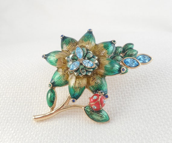 Vintage Monet Enamel Flower & Ladybug Brooch Mone… - image 4