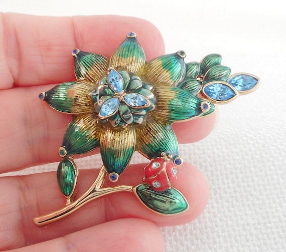 Vintage Monet Enamel Flower & Ladybug Brooch Mone… - image 1