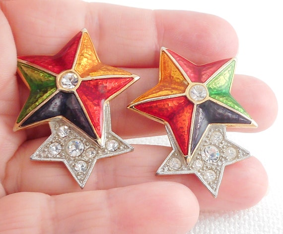 Vintage 1960's Guilloche Enamel Stars Clip Earrin… - image 2