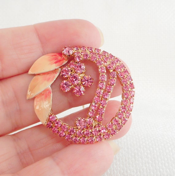 Vintage 1950s Pink Dangle Rhinestone & Enamel Bro… - image 2