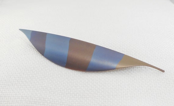 Vintage Modernist Blue & Brown Enamel Leaf Feathe… - image 5