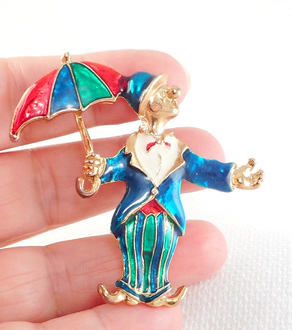 Vintage Colorful Enamel Clown Pin Hobo Clown With Umbrella Pin