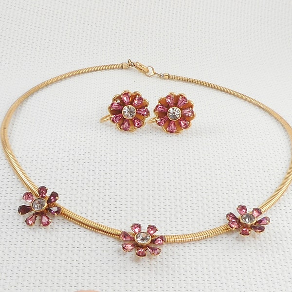 Vintage 1940's Harry Iskin Gold Filled Flower Choker & Earrings Set Iskin Pink Flowers Jewelry Set 1940's Harry Iskin Retro Choker Necklace