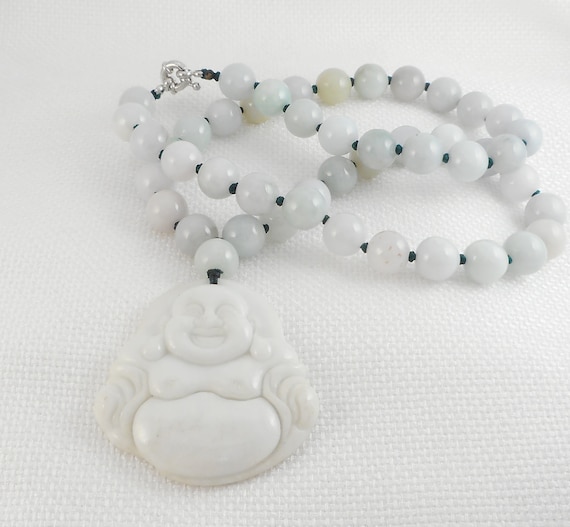 Vintage Jade Laughing Buddah Beads Necklace Feng … - image 1