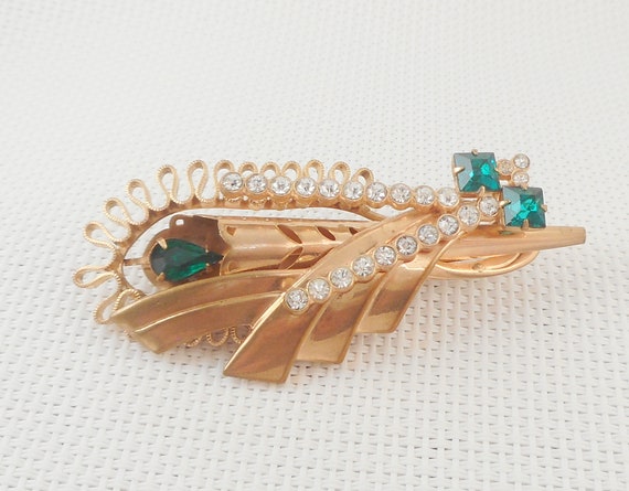 Vintage 1940's Brass & Rhinestone Brooch or Penda… - image 5