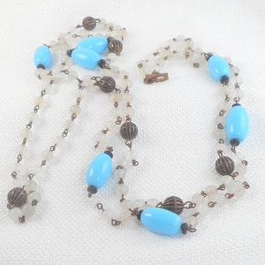 Vintage Blue and Filigree Bead Czech Glass Flapper Necklace Big Czech Blue and Frosted Bead Necklace Art Deco Long Czech Glass Necklace